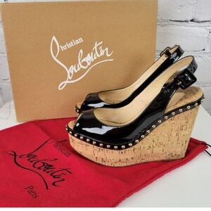 CHRISTIAN LOUBOUTIN Monico 100 Patent Leather Slingback Cork Wedge Sandals